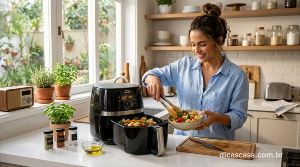 Pessoa usando air fryer moderna na cozinha
