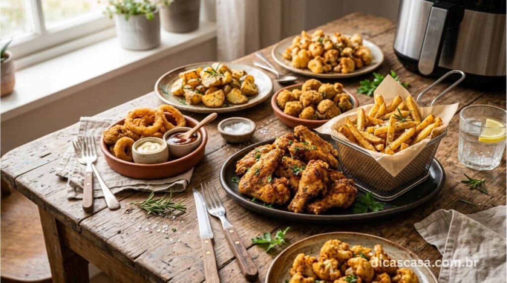 Alimentos preparados na air fryer dourados e crocantes