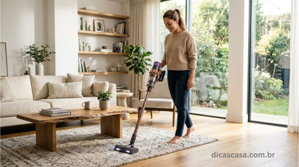 Aspirador de pó vertical sem fio em uso na sala de estar
