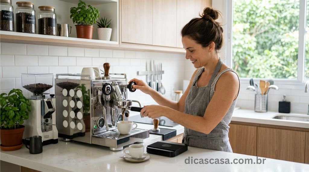 Pessoa preparando café em cafeteira expresso moderna na cozinha