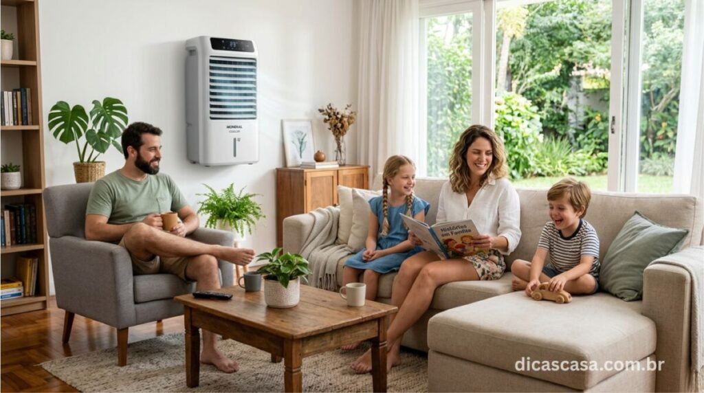 Família aproveitando o ar fresco do climatizador de ar na sala de estar