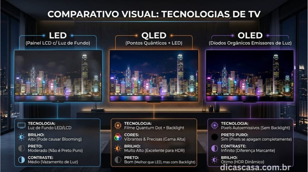 Comparativo entre tecnologias LED, QLED e OLED em Smart TVs