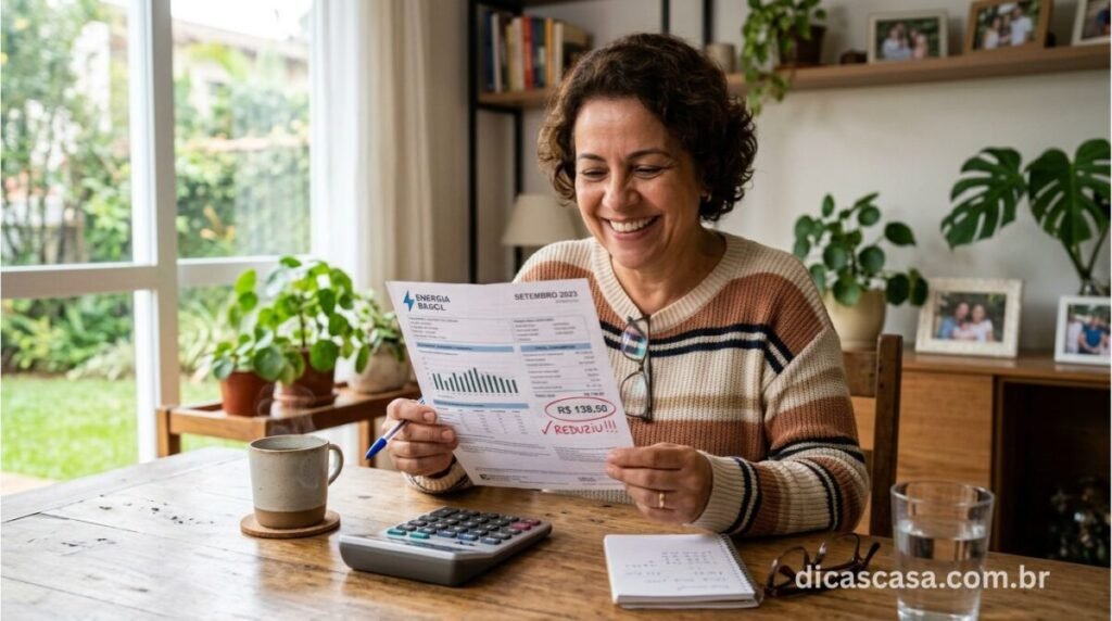 Pessoa satisfeita com a redução na conta de energia elétrica
