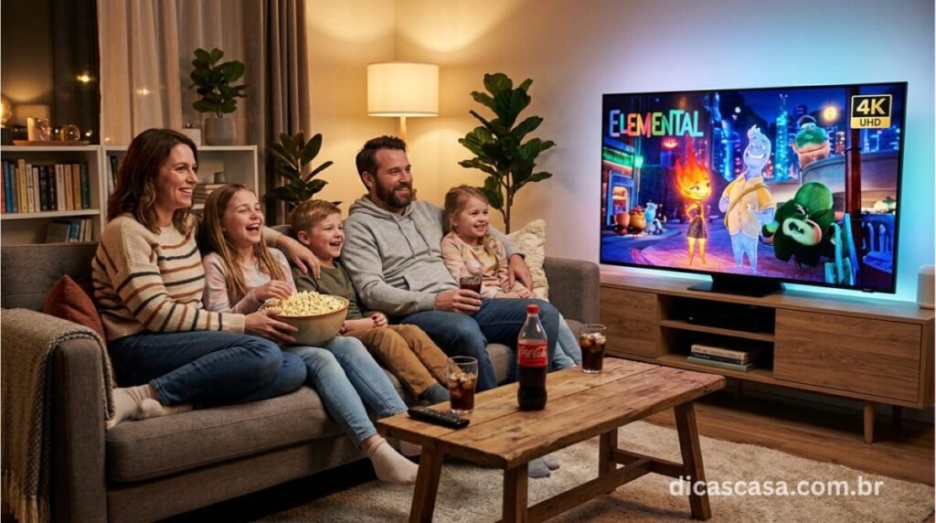 Família assistindo Smart TV 4K em sala de estar moderna