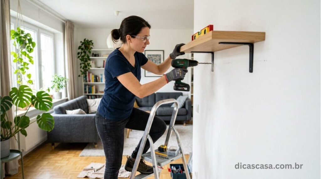 Pessoa usando furadeira sem fio para instalar prateleira