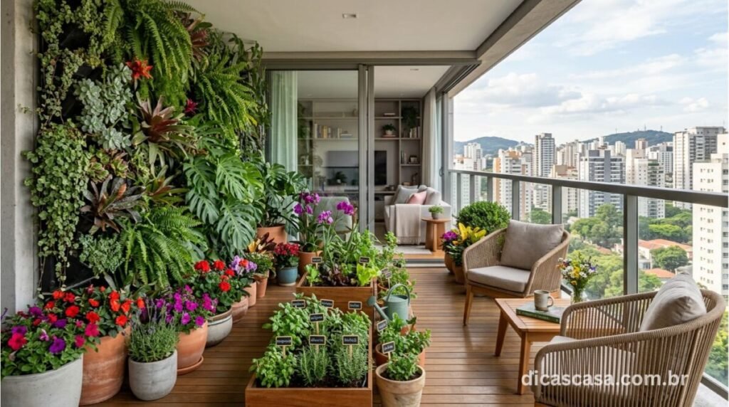 Jardim em varanda de apartamento com vasos e plantas variadas