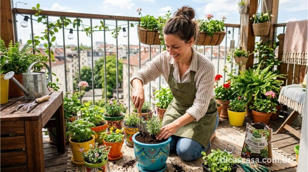 Pessoa usando kit de jardinagem para plantar mudas em vasos