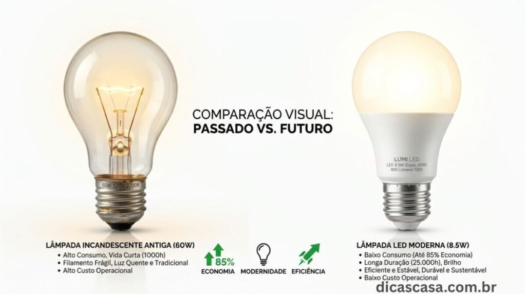Comparativo entre lâmpada incandescente e lâmpada LED para economia de energia elétrica