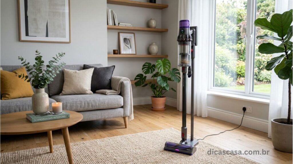 Melhor aspirador de pó vertical de 2026 limpando sala de estar