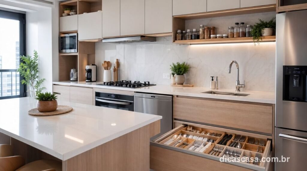 Cozinha moderna organizada com armários e gavetas bem arrumados