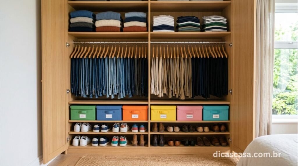 Guarda-roupa organizado com roupas dobradas e organizadores