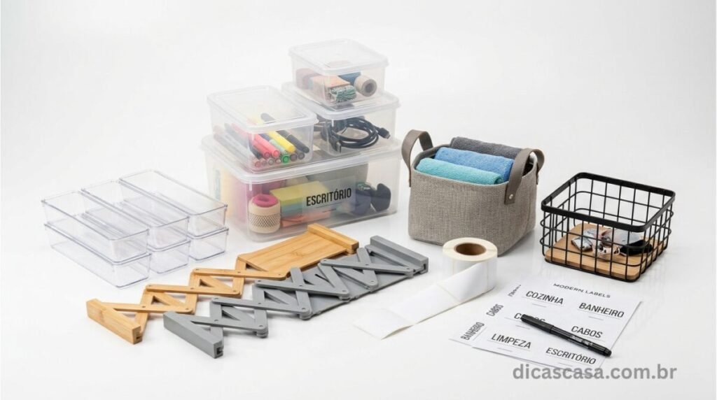 Produtos organizadores para casa como caixas, cestas e divisores de gaveta
