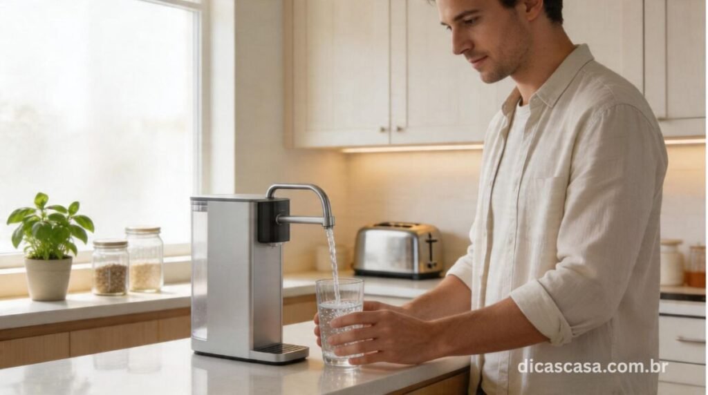 Pessoa usando purificador de água moderno na cozinha