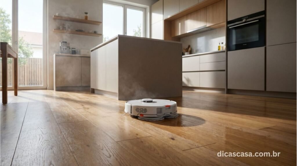 Robô aspirador com mop limpando piso da cozinha