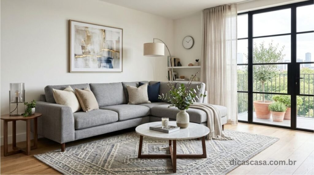 Sofá de canto cinza em sala de estar moderna e sofisticada