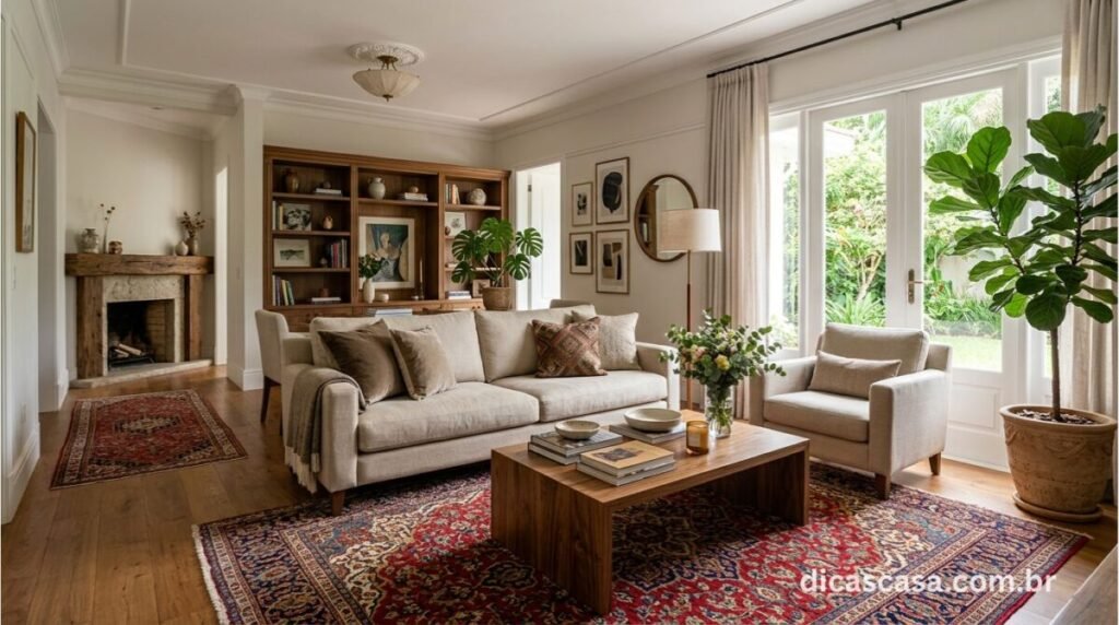 Tapete decorativo em sala de estar sofisticada com sofá e poltrona