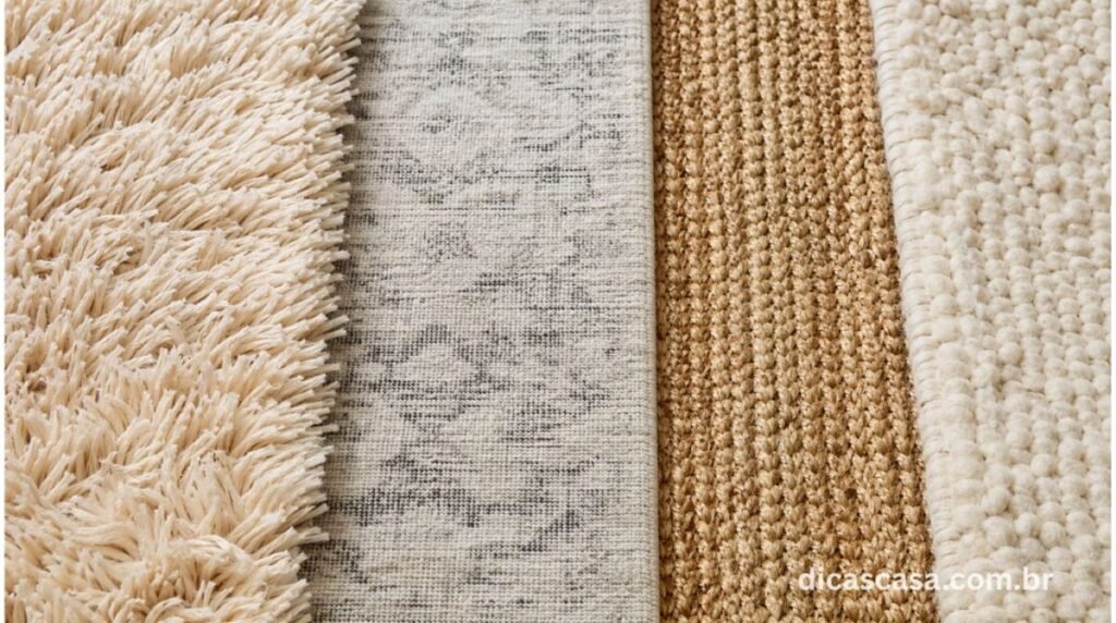 Diferentes texturas e materiais de tapetes para sala
