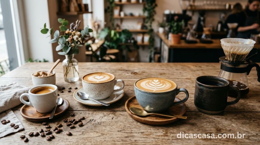 Diferentes tipos de café preparados com cafeteira moderna