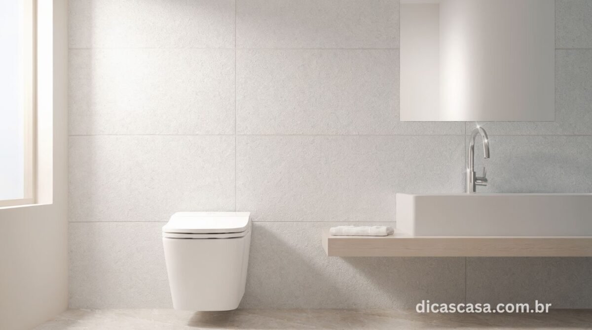 Banheiro moderno e clean com vaso sanitário elegante e torneira cromada