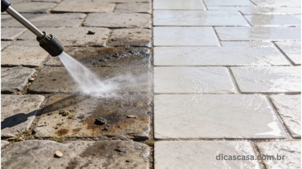 Antes e depois da limpeza com lavadora de alta pressão em calçada