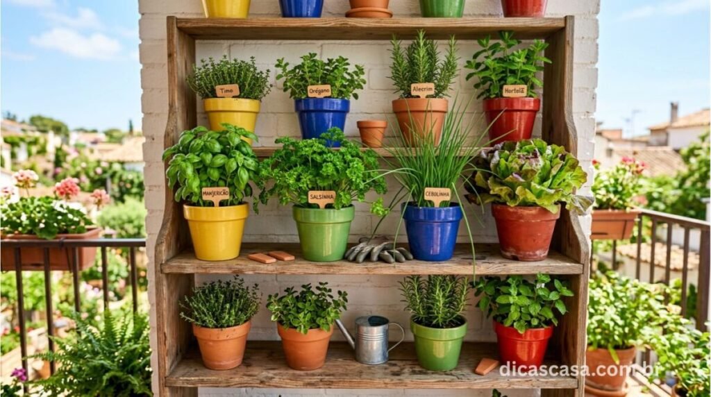 Horta em vasos em varanda de apartamento com ervas e hortaliças