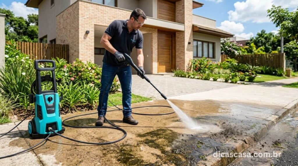 Melhores lavadoras de alta pressão de 2026 limpando calçada de casa