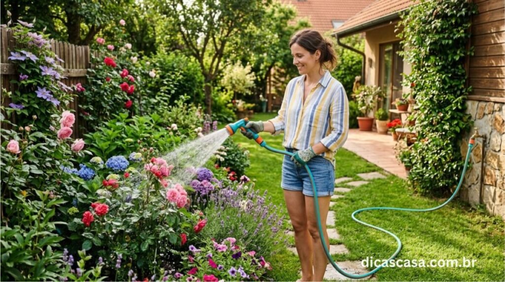 Melhor mangueira de jardim de 2026 sendo usada para regar plantas