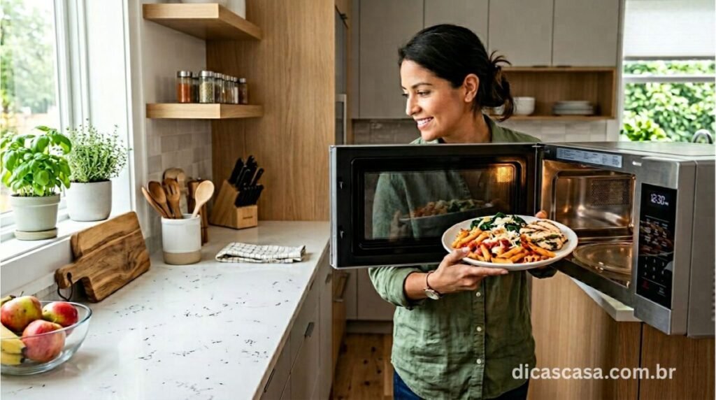 Pessoa usando micro-ondas moderno na cozinha
