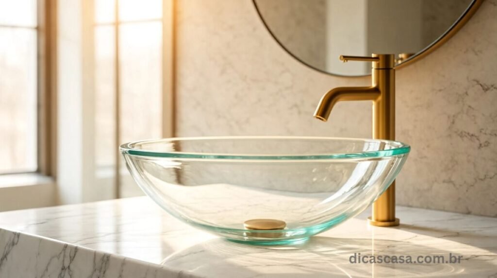 Pia de vidro temperado em lavabo moderno e sofisticado